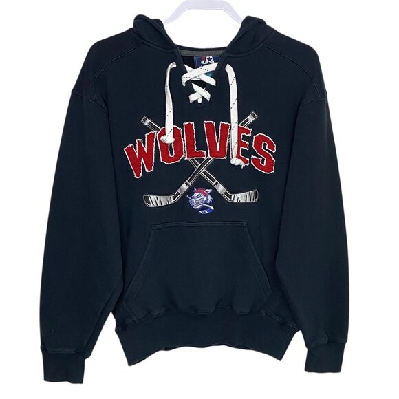 West Hartford Wolves Hockey Sweatshirt Small Hoodie Blue Lace Up Kanye J America - Picture 1 of 11